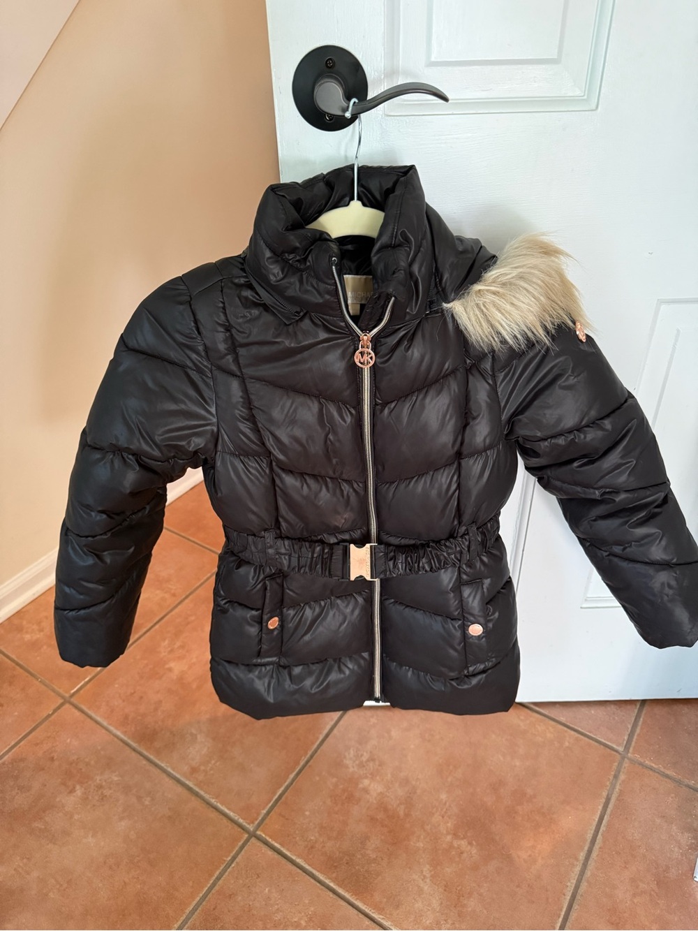 MICHAEL Michael Kors Girls 7/8 Black Belted Puffer Faux Fur Hood Coat